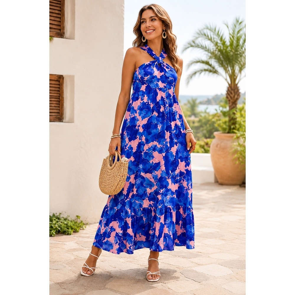 NWT Floral Blue Halter Maxi Dress Resort Beachy Vacation Summer Boho Chic Sz L